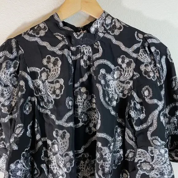 NWT Rebecca Taylor Women's Flutter Sleeve Silk Blend Metallic Top Black Size 0